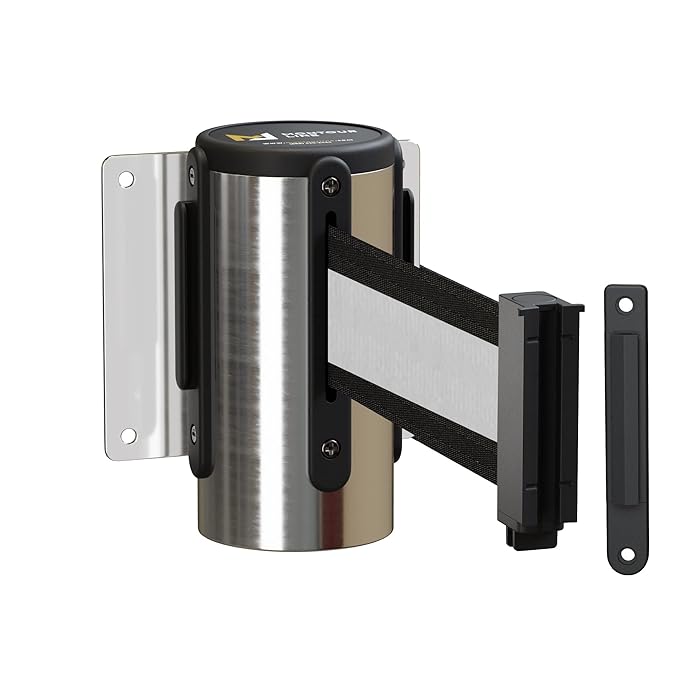 Montour Line WM115 Wall Mounted Retractable Belt Barrier with Standard Belt End, Fixed Mount, Polished Stainless Steel Casing (8.5 ft Black with White Horizontal Stripe Belt)