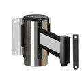 Montour Line WM115 Wall Mounted Retractable Belt Barrier with Standard Belt End, Fixed Mount, Polished Stainless Steel Casing (8.5 ft Black with White Horizontal Stripe Belt)