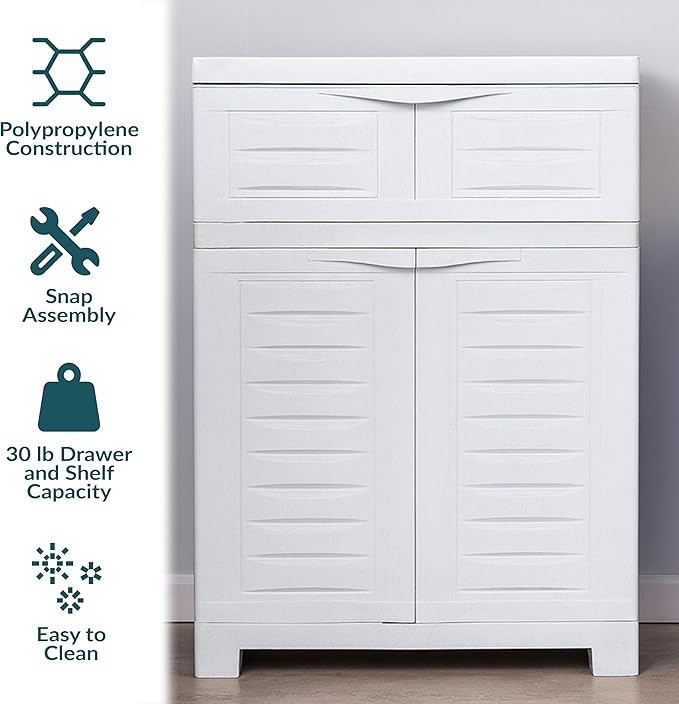 Sunnydaze Plastic Garage Storage Cabinet with Adjustable Shelf - 34.5" H - Garage, Office, Home, Laundry Room - Speckled White
