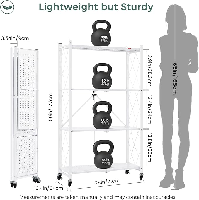 DEANIC 4 Tier Foldable Storage Shelves with Wheels, Large Capacity Shelving Unit, Freestanding Metal Wire Shelf Rack, No Assembly Organizer Rack for Garage Kitchen, Basement, Pantry(White)