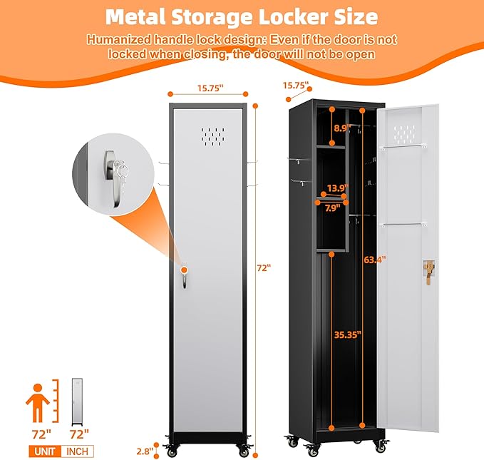 Aobabo Metal Broom Closet Storage Cabinet with Wheels, 72'' Tall Steel Cleaning Tool Cabinet for Garage with Pegboards and Hooks,Black and Grey,Assembly Required