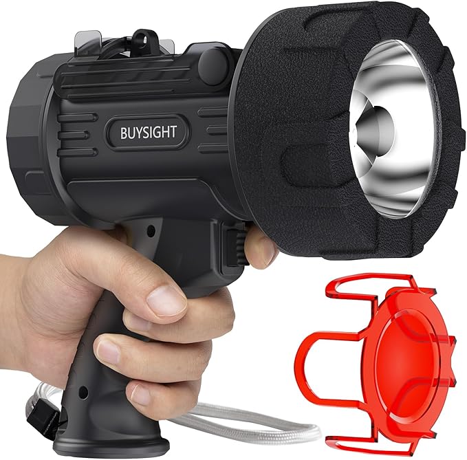 BUYSIGHT Rechargeable Spotlight Flashlight,1000000 LMS Hand held Spotlight Waterproof Flashlight Hunting Lamp with red Filter (Graphite Black)