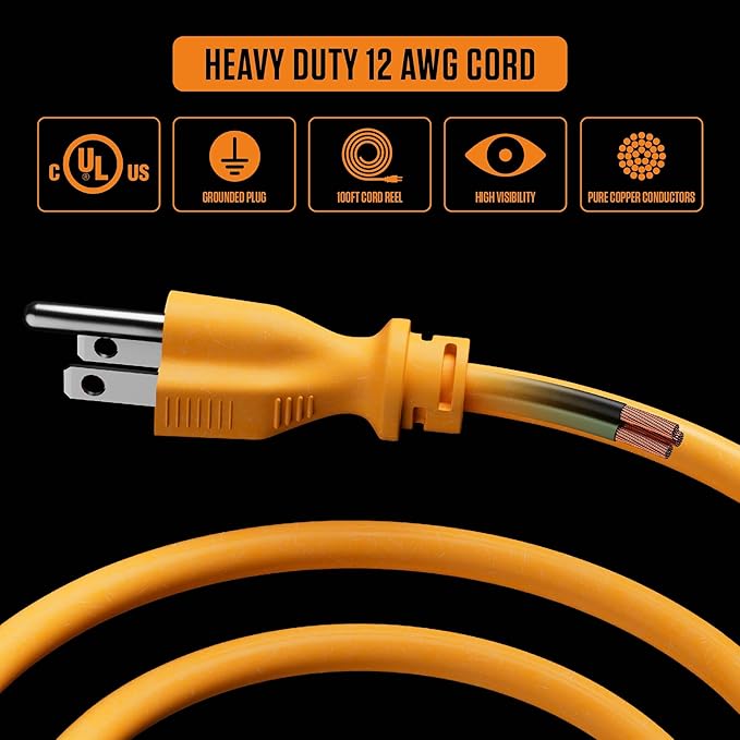 Masterplug 100ft Cord Reel, Metal Cable Drum, Retractable Extension Lead with Winding Handle, Safety Overload Circuit Breaker and Power Switch, 4x Grounded Outlets, 15amps, 12AWG Cable