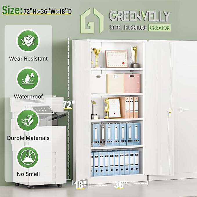 Greenvelly Metal Garage Storage Cabinet with 2 Doors and 4 Adjustable Shelves, 72”H White Steel Lockable Storage Cabinet,Tall Metal Cabinet Locking File Cabinet for Office,Home, Garage, Gym, School