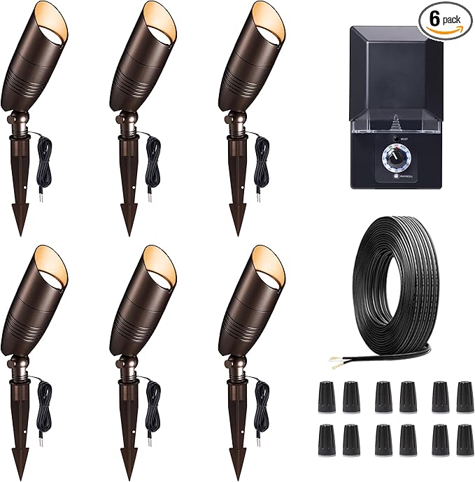 Landscape Light Kit, 6 Pack 3CCT Selectable Spot Light and 100W Low Voltage Transformer and 100FT Cable and 30 Wire Connectors, Aluminum ORB Waterproof LED Uplight for Garden Flag Wall