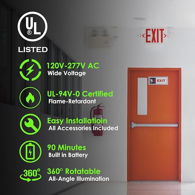 Gruenlich LED Exit Sign Combo with Emergency Lights, Adjustable Heads and Double Sided, Battery Backup, UL 924 Qualified, AC 120-277V, Commercial Emergency Exit Light for Business- 1 Pack
