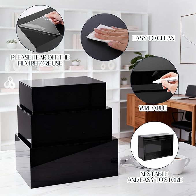 3 Pack Extra Large Acrylic Buffet Risers - 15”, 14”, 13” Black Display Stands with Hollow Bottoms, Cube Riser Boxes Nesting for Dessert Food Catering Buffet Display Party Supplies