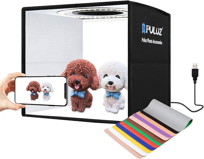 PULUZ 9.8"/25cm Foldable Portable Photo Studio Light Box, Adjustable Brightness Light Box Photography Lighting Shooting Tent Kit, with LED Lights and 12 Colors Backdrop