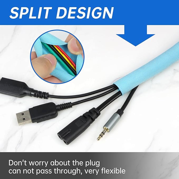 Split Braided Cable Sleeve，Flexible Wire Loom Tubing, Automotive Cord Protector Pet Proof, Cable Management for Computer TV Electric Wires Harness 16ft (Sky Blue, 13mm（1/2")