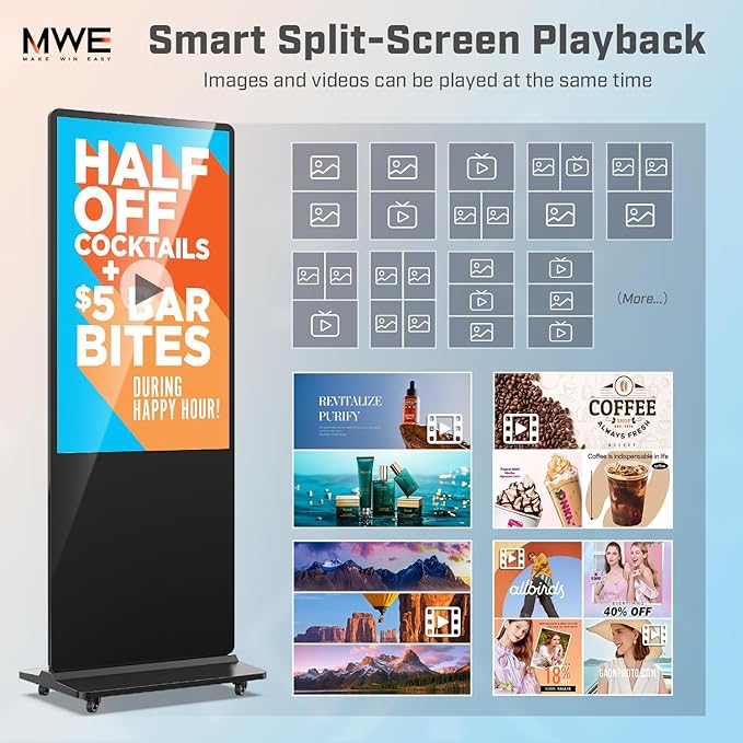 MWE 43 Inch Digital Signage Displays, 4K LCD Screen Indoor Floor Standing Advertising Kiosk, Android System Commercial Totem with Custom Service, Vertical Poster with Auto Media Player-Black