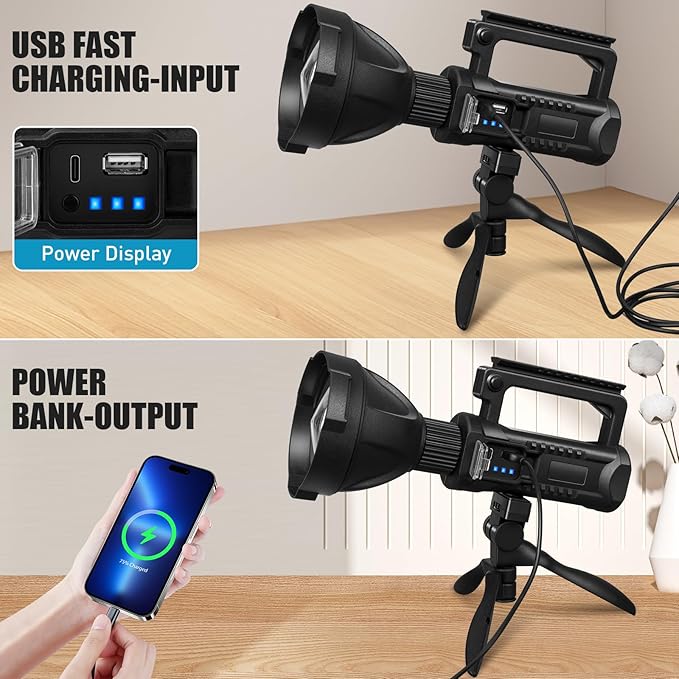 Rechargeable Spotlight, 99,000 Lumens Super Bright Handheld Led Flashlight, Outdoor Spot Light for Boating Camping