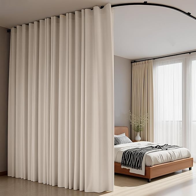 Room Divider Curtains Flexible Ceiling Tracks Set Curtain Track Ceiling Mount Blackout Curtain for Living Room Bedroom Ceiling Curtain Rod Privacy Dividers Panels W180 x H84 Beige Drape & Black Rail