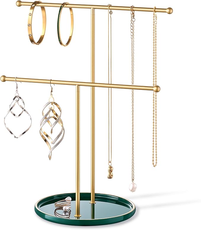 Gold Jewelry Holder Stand with Ceramic Tray: Small Hanging Necklace Organizer Tree for Earrings, Bracelets, Rings – Jewelry Display Hanger for Women & Girls, Green