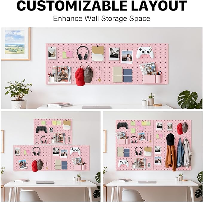 Peg Board, 2 Pack Metal Pegboard Panels Pink Pegboards Wall Organizer with Frame Large Heavy Duty Peg Board with Hooks for Walls Home,Garage Tool Storage,Office Organization,Kitchen 24”×16”