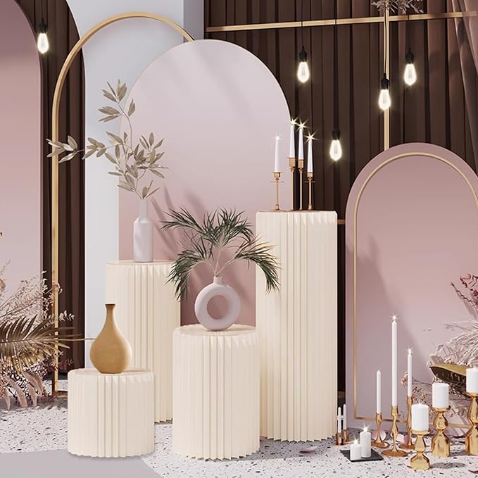 4Pack Cylinder Stands for Party, Foldable Cardboard Columns with 4 Clear Round Top Plates, Cake Display Pedestal Stand for Wedding Banquet Vendor Events Decorative