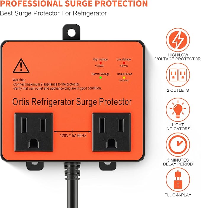 Refrigerator Surge Protector, Ortis Double Outlet Voltage Protector for Home Appliances with Time Delay, Protects Against Brownout, Spike, Instant Surge All Voltage Abnormalities, Orange