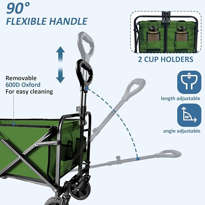 Collapsible Utility Cart Folding Wagon, 220 lbs Capacity Lightweight Rolling Cart with Quiet Wheels, Quick-Fold Design for Camping, Shopping, Ourdoor Use, Green