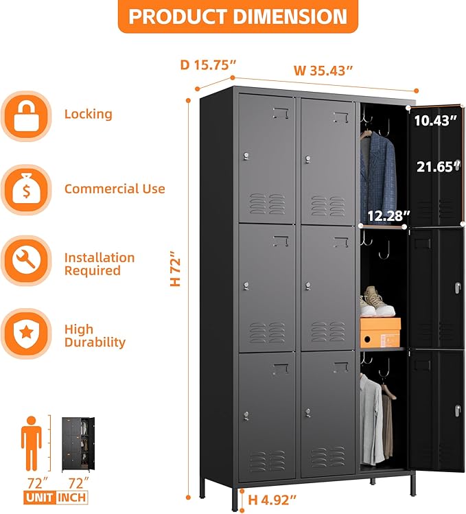 Aobabo New 9 Doors Metal Storage Locker for Employees, Lockable Steel Locker with Name Card Slot and 27 Hooks for School Office Gym Garage, Black, Assembly Required