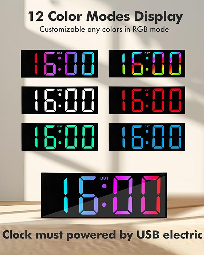 Alampan 12" Large Digital Wall Clock with Remote Control, USB Powered, Corded RGB LED Clock with Full Screen Display, Big Numbers, for Classroom, Living Room, Elderly, Wall Mounted, DST, KSJ-01, Black