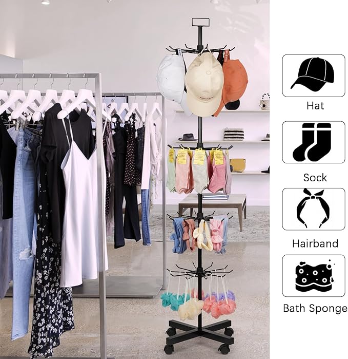 5-Tier Metal Spinning Display Stand Rack with Wheels, Black Iron, 50 Hooks, Lockable Wheels, Ideal for Jewelry, Accessories, Foods