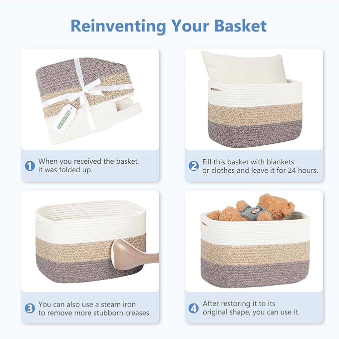 Cotton Rope Storage Baskets,15x10x9 in,Foldable Storage Bins, Decorative Woven Basket Cube Storage Organizer for Laundry, Towel, Clothes (White/Grey-3Pack, 15x10x9 inches)