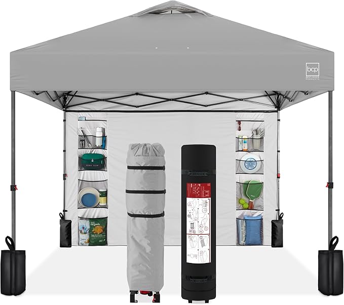 Best Choice Products 10x10ft Easy Pop Up Canopy w/Side Wall, 10 Pockets, Portable Carrying Case, 1-Button Setup, 4 Weight Bags - Silver