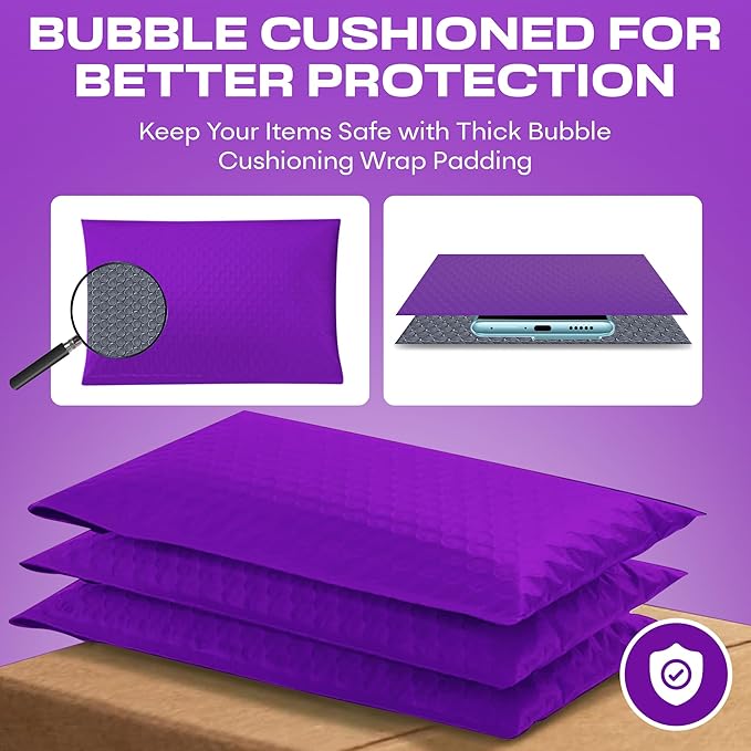 Purple Large Poly Bubble Mailers 9.5x14.5 inch #4 | Self Seal Padded Envelopes Cushioned Bubble Mailer | Usable Size 9.5x13.5 | WaterProof | Lightweight mailing Shipping Bags | 100 Pack Bulk