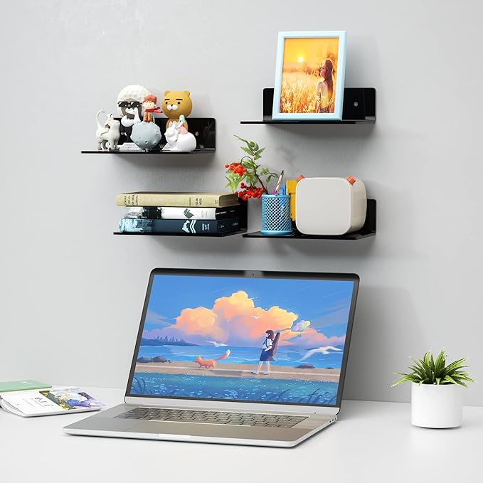 9 Inches Acrylic Wall Shelves 2 Pack, Floating Shelf for Wall Mounting, Acrylic Display Ledges for Funko Pop Figures, Home Décor, Living Room, Gaming Room, Plants(9 inch, Black)