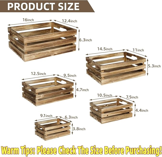 Set of 5 Large Wooden Crates, Nesting Storage Crate with Handles, Rustic Torched Brown Farmhouse Wooden Crates for Display, Wedding Birthday Home Party Living Room Kitchen Decoration