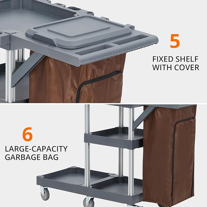 Commercial Janitorial Cart on Wheels, 3-Shelf Cleaning & Housekeeping Cart with Cover and Vinyl Bag for Hotels, Schools, and Business