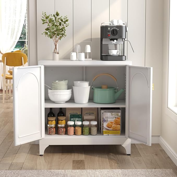 Metal Sideboard Buffet Cabinet with Storage,33 Inch Coffee Bar Cabinet with Adjustable Shelf, White Kitchen Sideboard Cabinets for Dining Room, Living Room