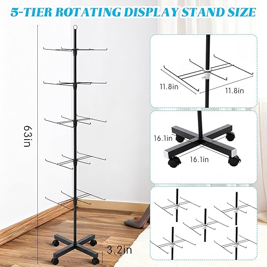 Ripeng 2 Pcs 5 Tier Retail Display Stand – Rotating Display Rack with Wheels for Jewelry Keychains Socks Hats – Adjustable Movable Shop Spinner for Craft Shows Vendor Events Stores Accessories, Black