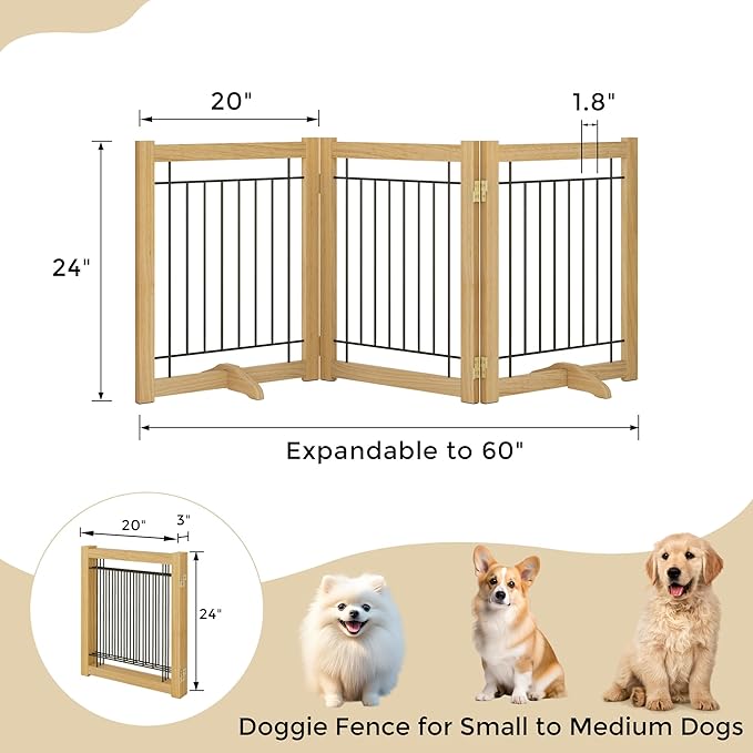 Wire Dog Gate Solid Wood Frame, Anti-Chewing Pet Gate Indoor Freestanding Indoor Foldable Dog Fences for Stairs, House, Doorway Extra Wide, 3-Panel, 60" Wide Oak Color