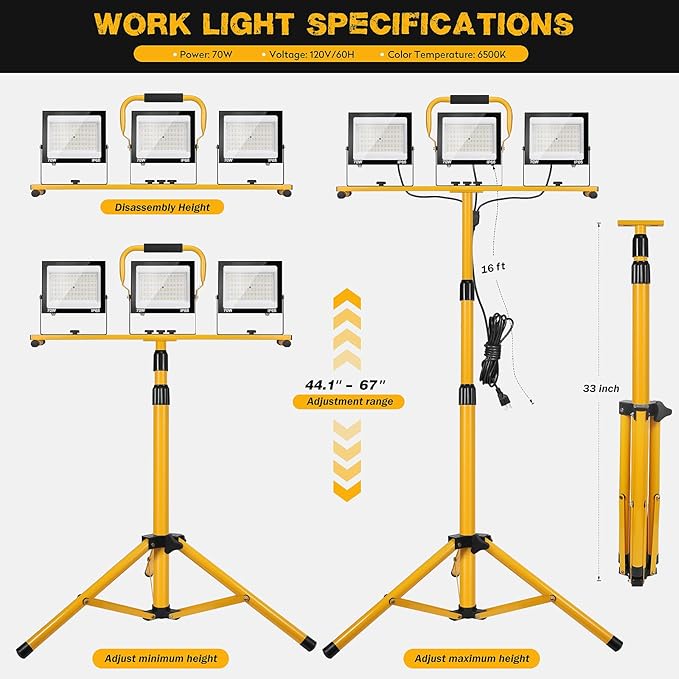 21000Lumen LED Work Lights with Stand, 3 Head Portable Work Light with 16ft Cord, Ip66 Waterproof Tripod Outdoor Work Light for Job Site Workshop Garage Construction Lights