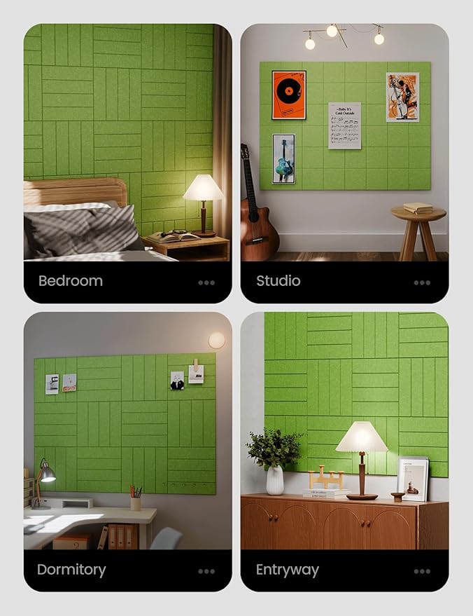 Felt Bulletin Board Tiles Large 48" x 36" Cork Board Alternative-12 Pack with 70 Adhesive Tabs, Thick Slat Wall Panels for Office Decor, Push Pin Board Wall Organizer Alternative-Kelly Green