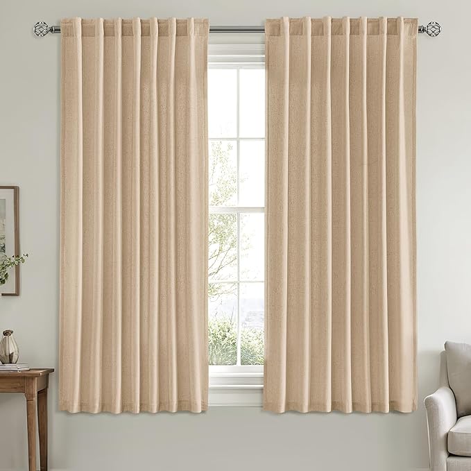 MIULEE Non-See-Through Privacy Linen Curtains 2 Panels, Light Filtering Window Curtains Farnhouse Textured Back Tab Semi Sheer Drapes for Bedroom Living Room, 52 x 63 Inches Long, Light Brown