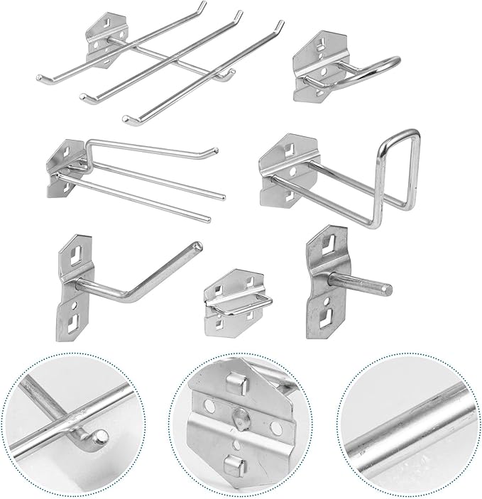 Garneck 7Pcs Tool Storage Hook Set for Pegboard Heavy Duty Silver Wrench Coil Tape Screwdriver Hangers Space-Saving Utility Tool Organizers for Garage Workshop Home Use