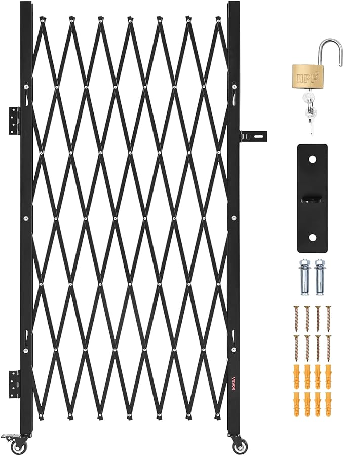 VEVOR Single Folding Security Gate, Lockable Scissor Gate with 360° Swivel Casters, Outdoor Barricade Steel Retractable Gates, for Entry Security, Garage, Warehouse & Pool, 70.87 x 63.39 in (W x H)