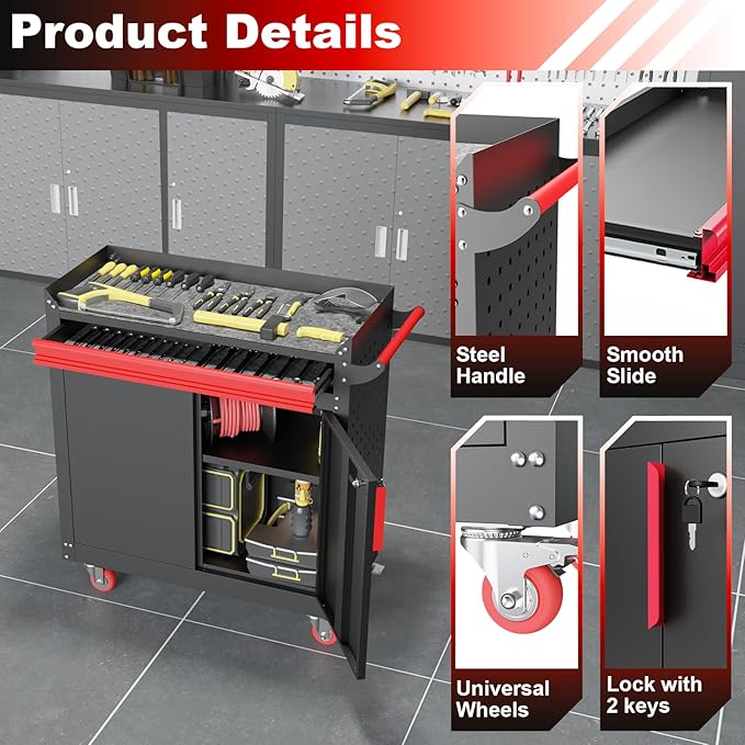 Metal Garage Storage Cabinet with Wheels,Lockable Storage Cabinets with Adjustable Shelf,Steel Tool Locker with Pegboard and Handle for Garage,Warehouse