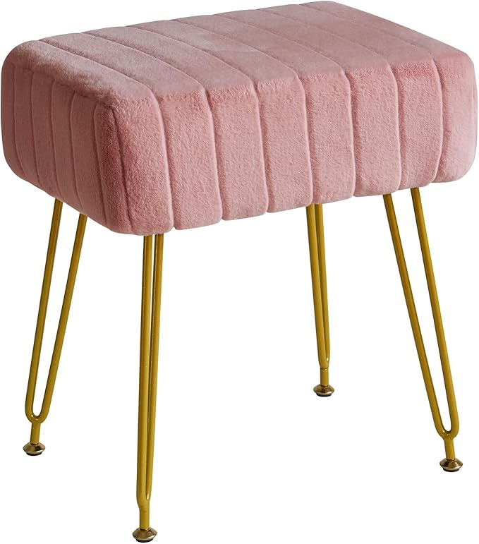IBUYKE Velvet Rectangular Footrest Ottoman, Makeup Vanity Stool Side Table, Velvet Dressing Table Seat, Pouf Couch Stool, Golden Steel Legs, Pink LG-51P