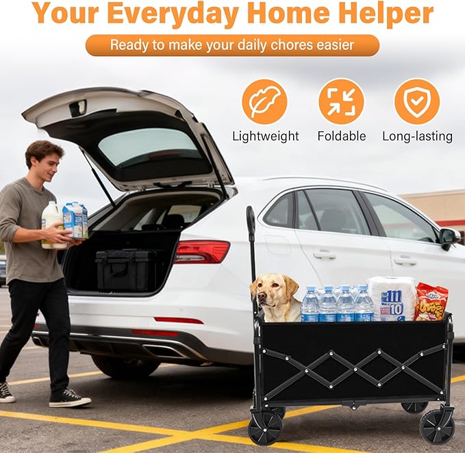 Wagons Carts Foldable Collapsible Wagon with Wheels — Folding Utility Wagon Cart Portable for Camping,Sports,Groceries,Apartment & Travel | Collapsible Wagon for Storage & Shopping,360lbs,Black