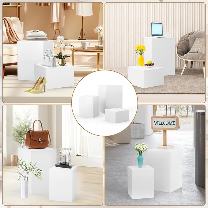 Cube Display Pedestal Stand for Bridal Shop, Square White Display Risers Columns, Party Event Decor Platform Base Showcase for Model Jewelry Clothing Shop Home Exhibition (11.8*11.8*7.87in)