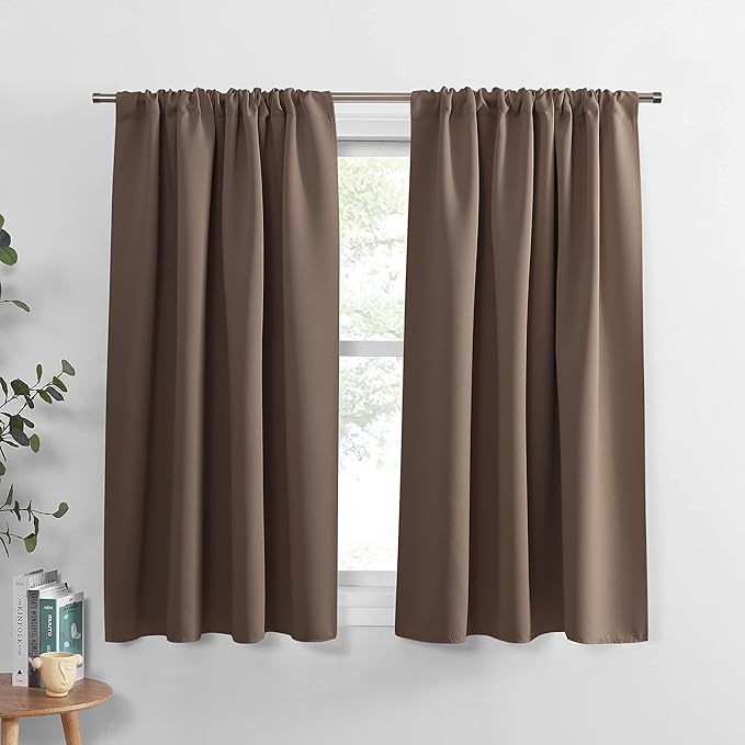 PONY DANCE Kitchen Curtains Short - Thermal Insulated Window Treatments Blackout Curtain Panels with Rod Pocket Light Block Privacy Protect for Bathroom, Wide 52 by Long 45 inches, Mocha, 2 Pieces