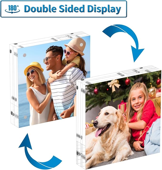 AITEE 4x4 Acrylic Picture Frames 3 Pack, 20% Thicker Block, Clear Picture Frames Freestanding Double Sided Magnetic Acrylic Lucite Frameless Transparent Square Frame Gift for Desktop Display