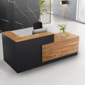 L Shaped Reception Desk with Lockable Drawer and Cable Grommets Front Desk Retail Checkout Counter Table for Salon Lobby Shop Office Reception Room Wood and Black Right 63inch/160cm