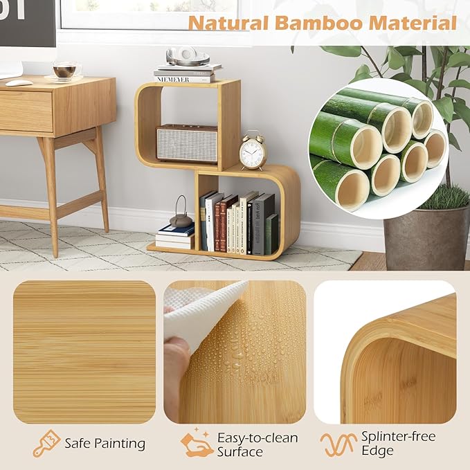 Giantex S-Shaped Bookcase, 2-Tier Bamboo Bookshelf with 2 Open Cubes, Geometric Corner Display Shelf, Decorative Storage Organizer, Floor Storage Rack for Living Room, Study, Home Office, Natural