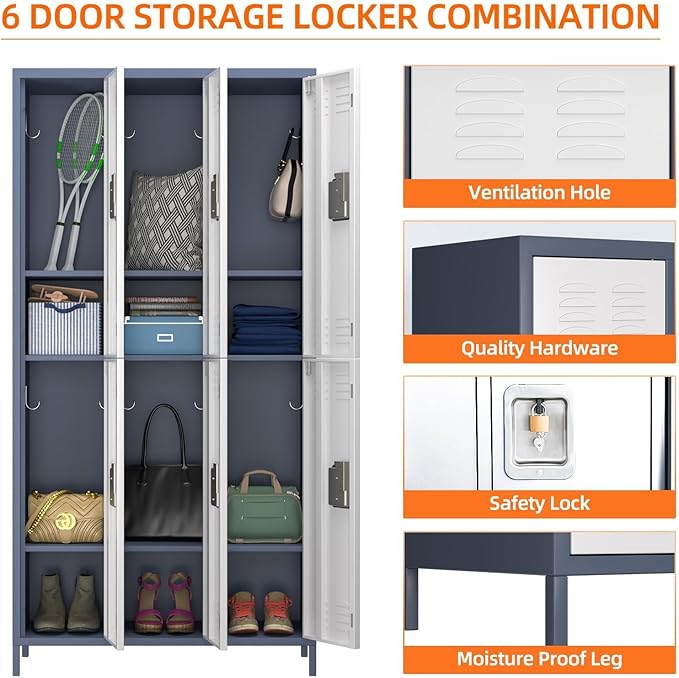 Aobabo Metal Storage Locker for Employees, 6 Doors Metal Locker for Garage, Office, Gym, Dormitory, Industrial Storage with 18 Hooks, Assembly Required, Grey White