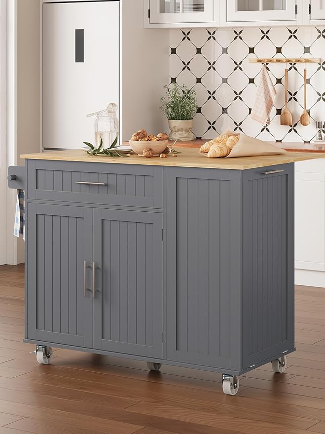 43.3" Rolling Kitchen Island Cart with Drop Leaf & Storage - Mobile Kitchen Organizer with Wheels, Rubberwood Top, Trash Bin Cabinet & Towel Rack, Farmhouse Style for Small Spaces Grey