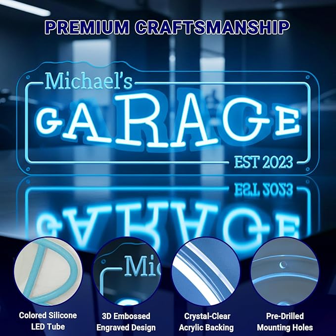 Custom Garage Neon Sign, Personalized LED Garage Decor for Men, Custom Name Light for Man Cave, Auto Repair Shop, Workshop & Mens Room Decor, Christmas Gifts for Dad, Gifts for Car Guy