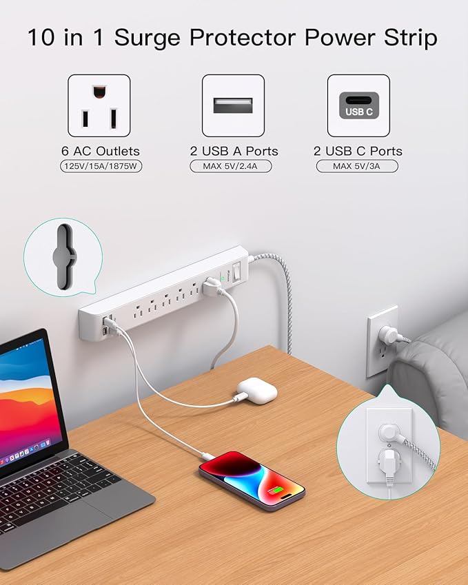 2 Pack Power Strip, 3FT Long Extension Cord, Surge Protector with 6 Outlets and 4 USB Ports (2 USB C), Flat Plug Overload Protection, Wall Mount for Home Office Dorm College
